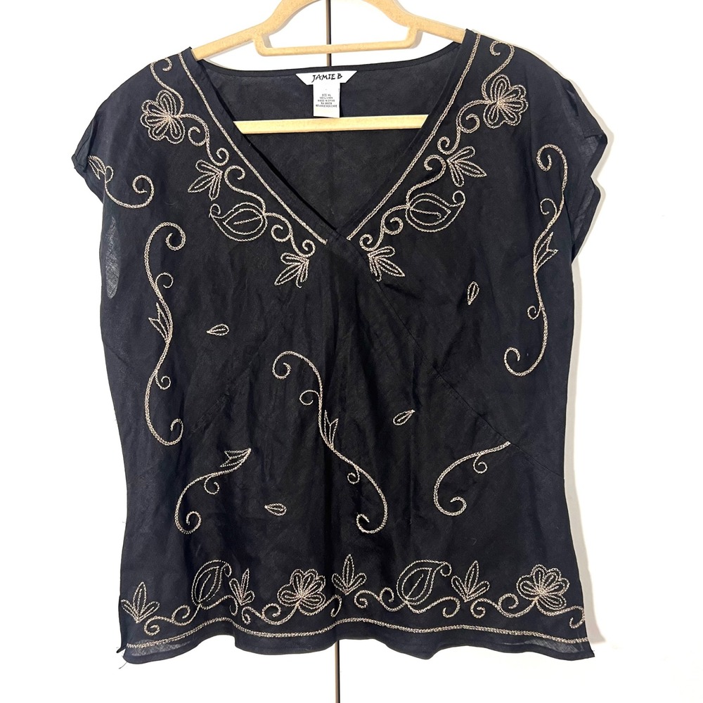 Jamie B Blouse‎ Size XL Black 100% Linen Embroidered V-Neck Travel Coastal Boho